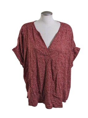 Old Navy New Rust Red Polka Dot Top V Neck Cuff Sleeve Blouse XXL Pocket Relaxed